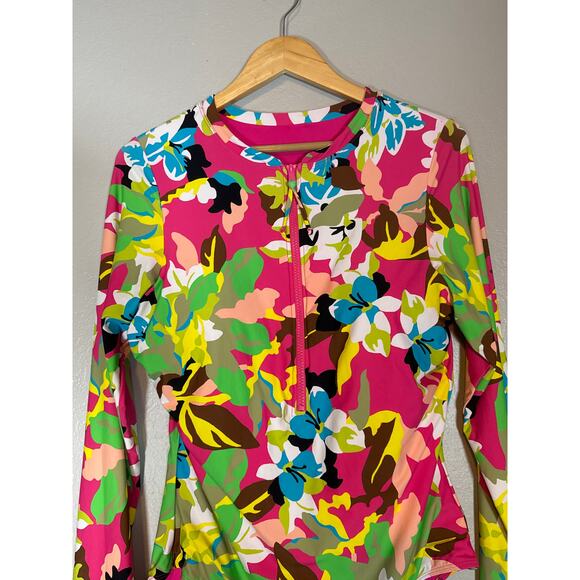 Anne Cole Floral Print Half Zip Rash Guard Swim Shirt Long Sleeve Swimsuit Sz 16 - Picture 2 of 10